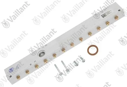 Vaillant Düsenstock aus Aluminium mit mehreren Anschlussgewinden, einem zentralen Anschluss und Schrauben, geeignet für Heiz- oder Vordrucksysteme.